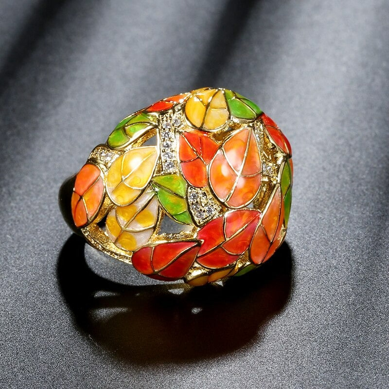 Chinese Style Hand-Painted Fall Leaves Retro Ring