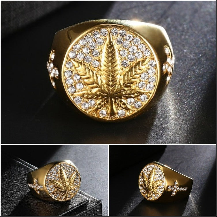 Round Cross Maple Leaf Gold Signet Ring