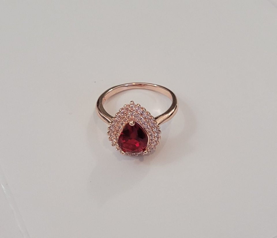 Sterling Silver Ruby Red Teardrop Rose Gold Plated Ring