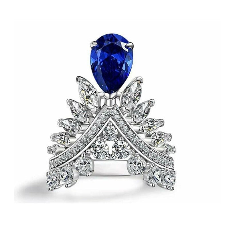 Blue Sapphire Pear Cut Crown Unique Silver Ring