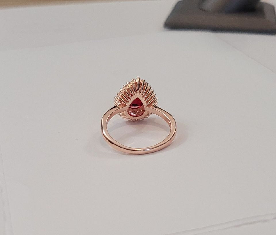 Sterling Silver Ruby Red Teardrop Rose Gold Plated Ring