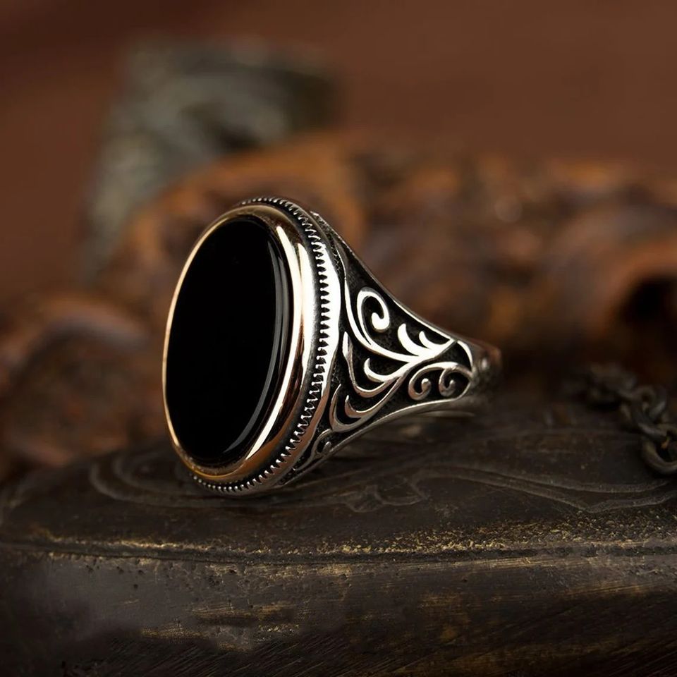 Men's Sleek Flat Black Onyx Sterling 925 Silver Ring