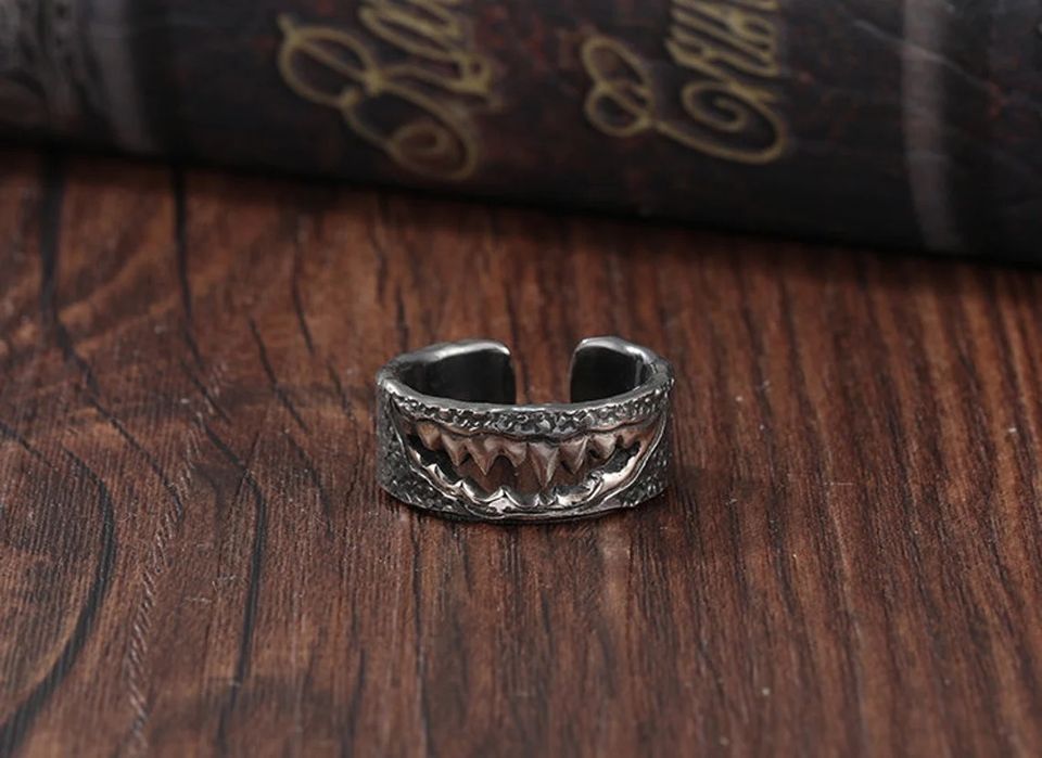 Filled Demon Teeth Mouth Sterling Silver Open Gothic Ring
