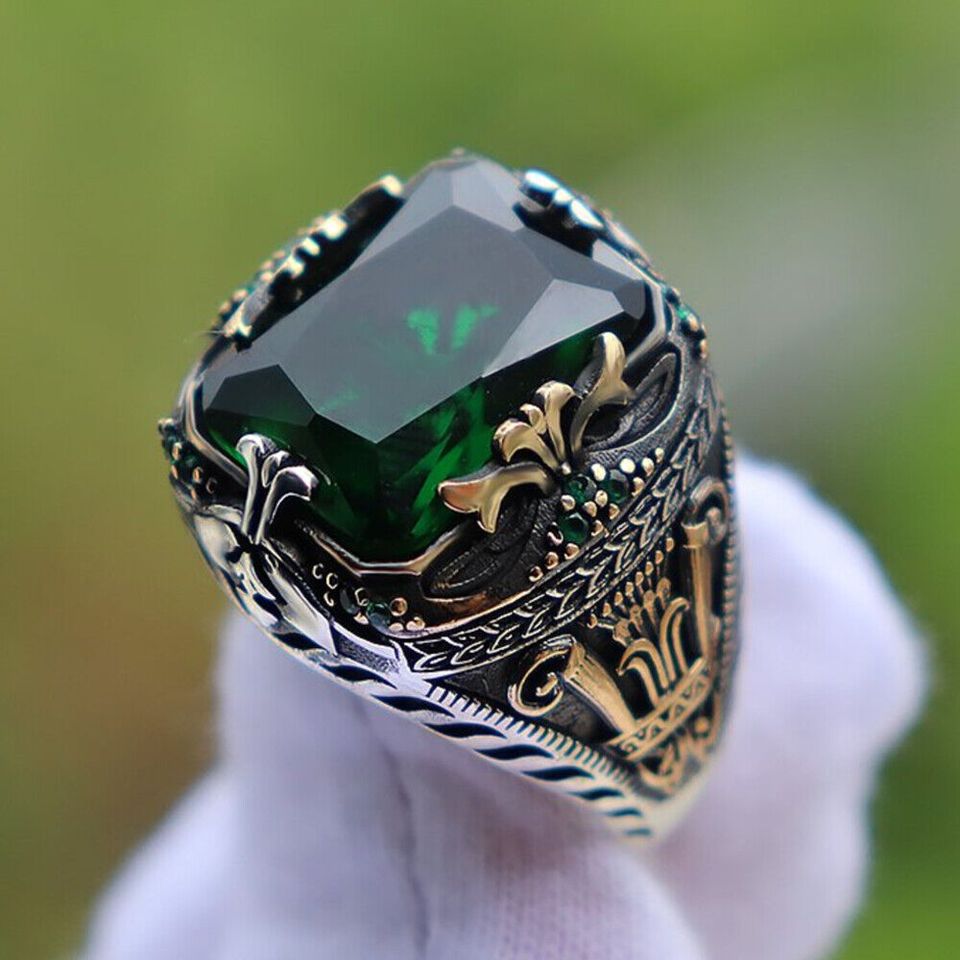 Men's Handmade Green Emerald Topaz Turkish Two Tone Ring