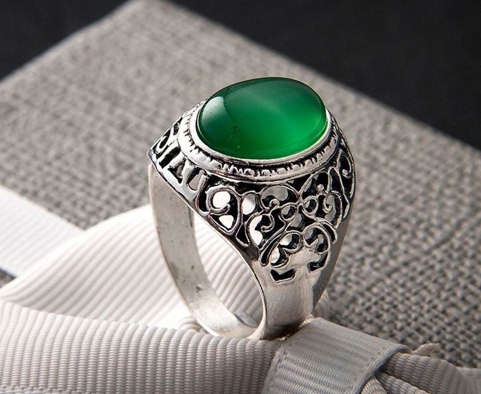 Men's 925 Sterling Silver Green Resin Hollow Open Ring