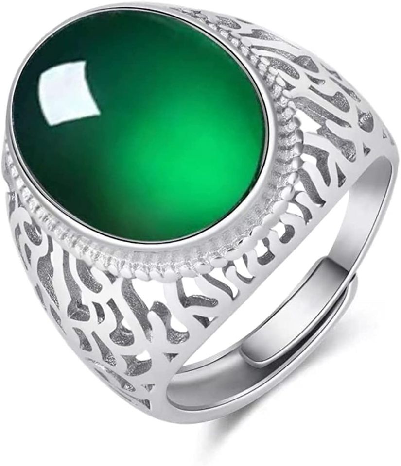 Men's 925 Sterling Silver Green Resin Hollow Open Ring