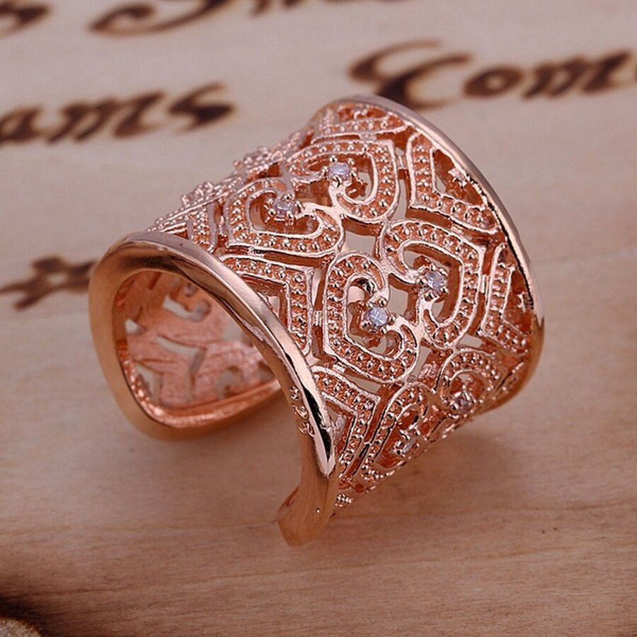Huge 925 Sterling Silver Open Hollow Heart Rose Gold Tone Ring