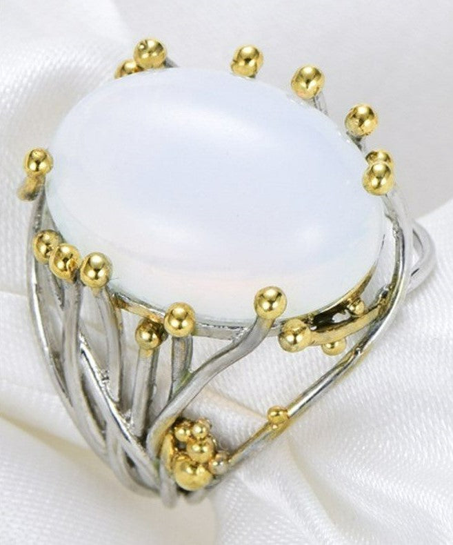 Big Geometric White Moonstone Vintage Silver Ring