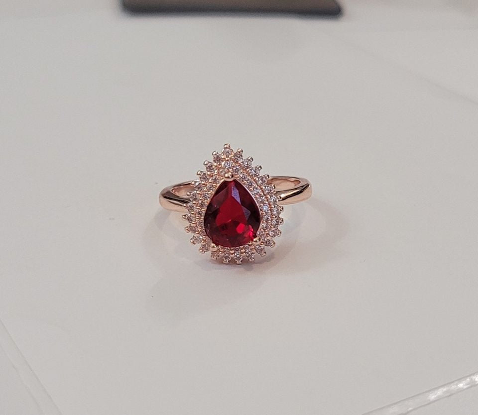 Sterling Silver Ruby Red Teardrop Rose Gold Plated Ring