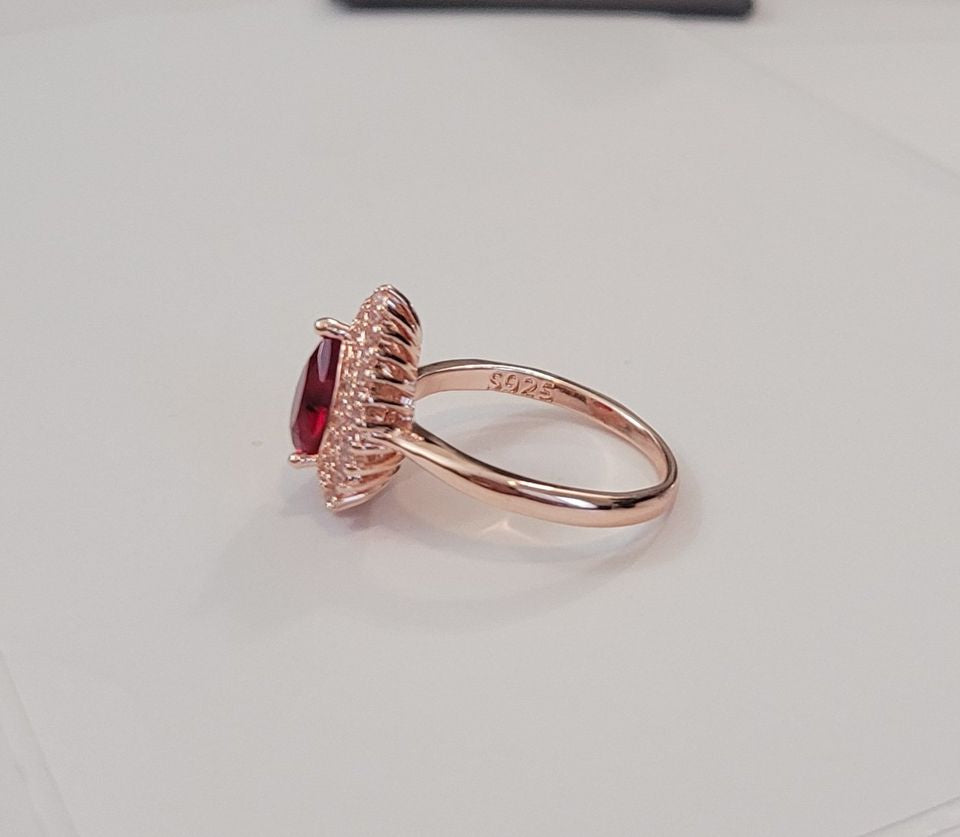 Sterling Silver Ruby Red Teardrop Rose Gold Plated Ring