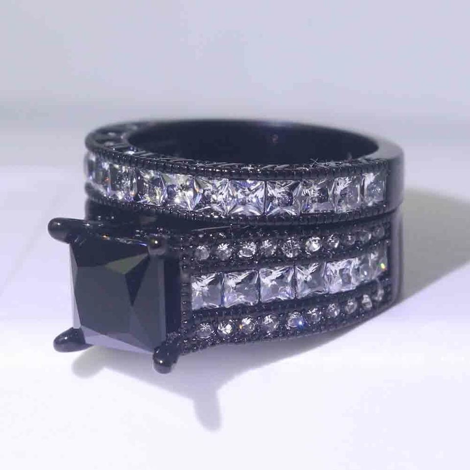 2Pcs Sterling Silver Black Zircon Engagement Ring Set