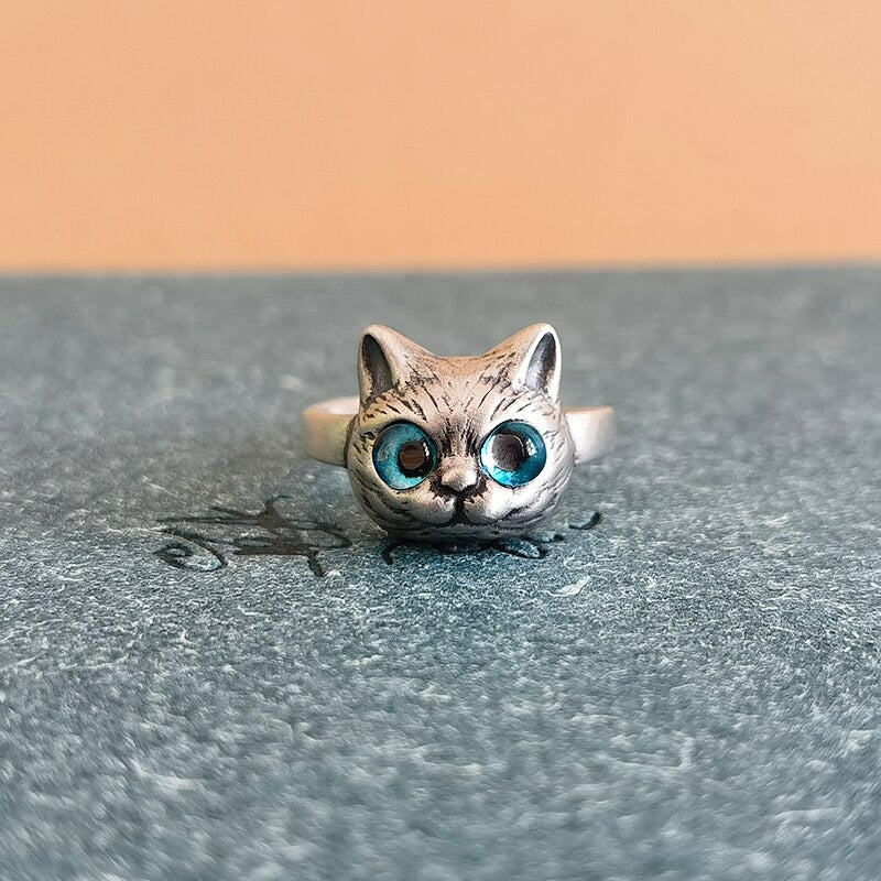 Sterling Silver Blue Eyes Cat Kitten Open Silver Animal Ring