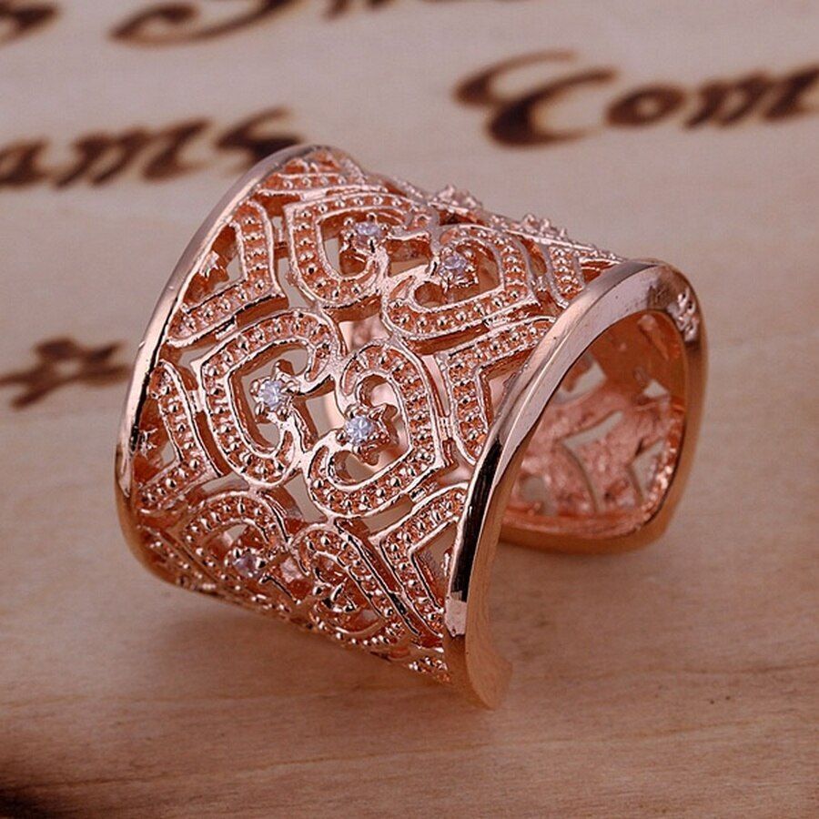 Huge 925 Sterling Silver Open Hollow Heart Rose Gold Tone Ring