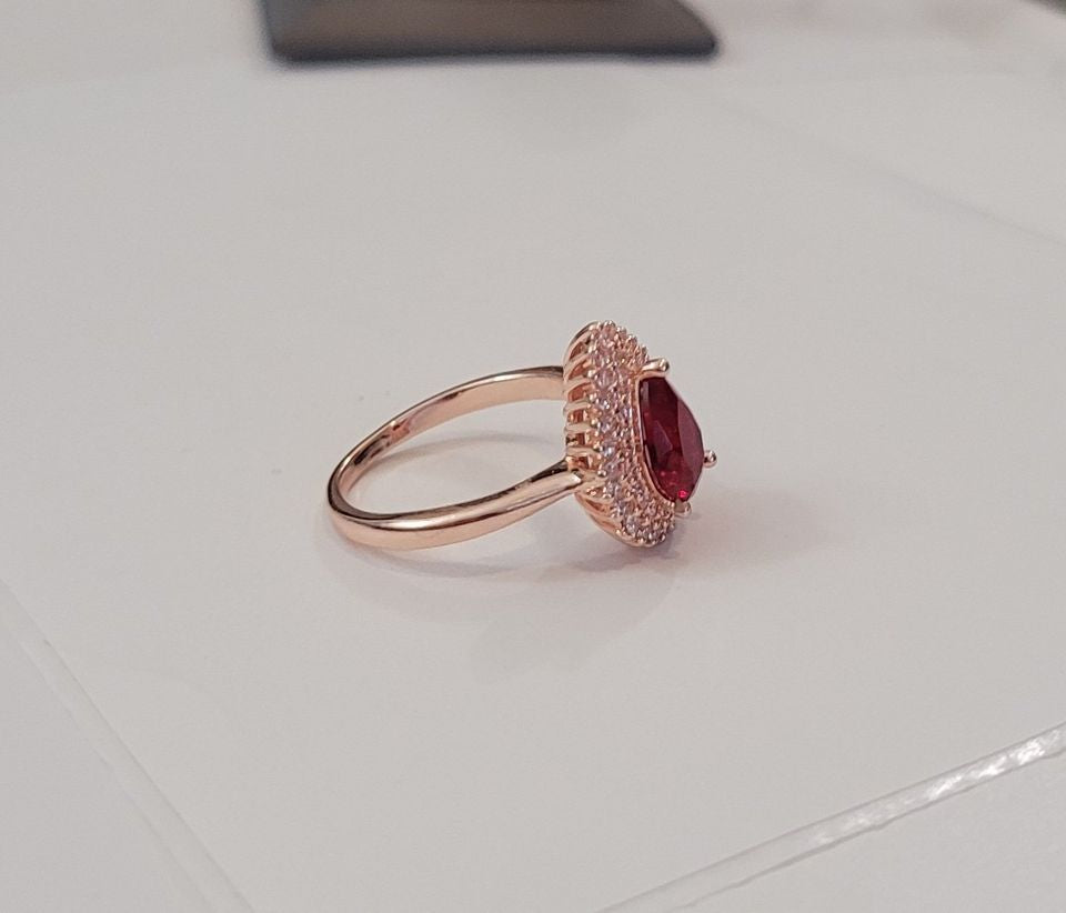 Sterling Silver Ruby Red Teardrop Rose Gold Plated Ring