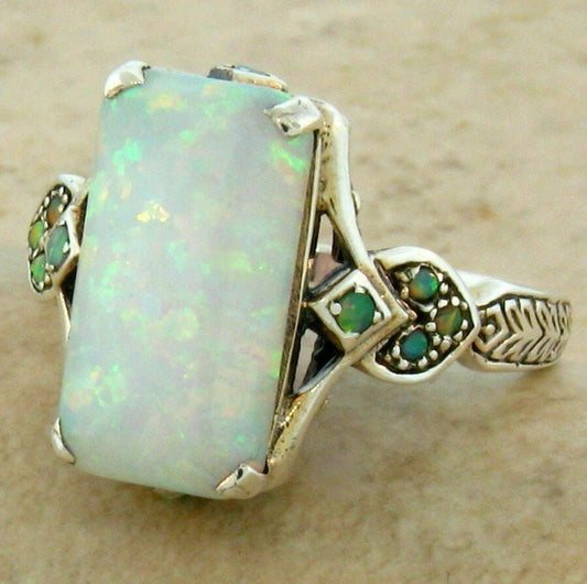 Victorian Style Square White Fire Opal Silver Ring