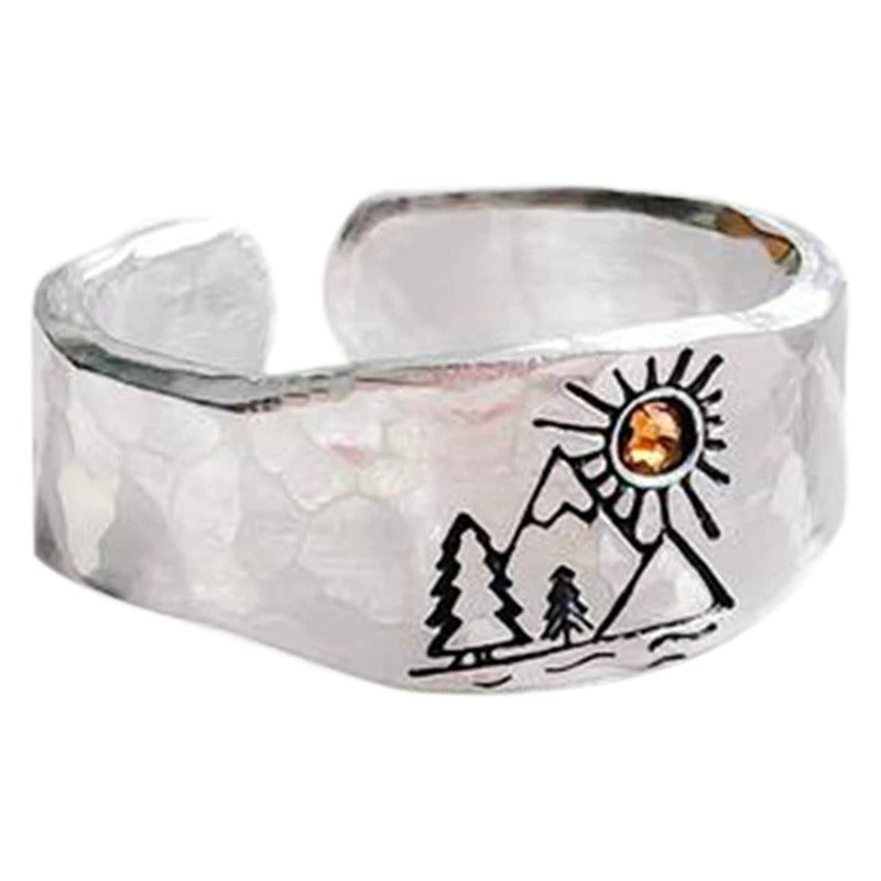 Carved Mountain Sun Nature Open Silver Landscape Ring