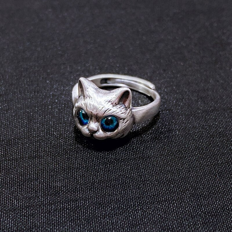 Sterling Silver Blue Eyes Cat Kitten Open Silver Animal Ring