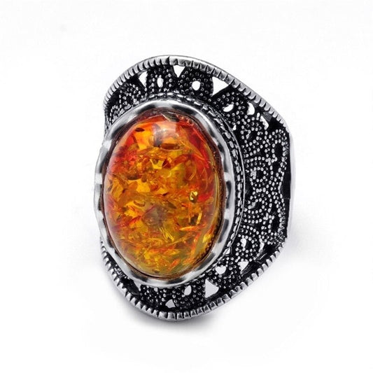 Big Oval Orange Amber Vintage Antique Silver Ring