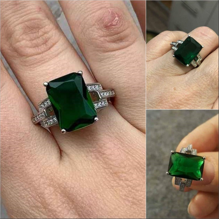 Sterling Silver Big Emerald Green Rectangle Ring