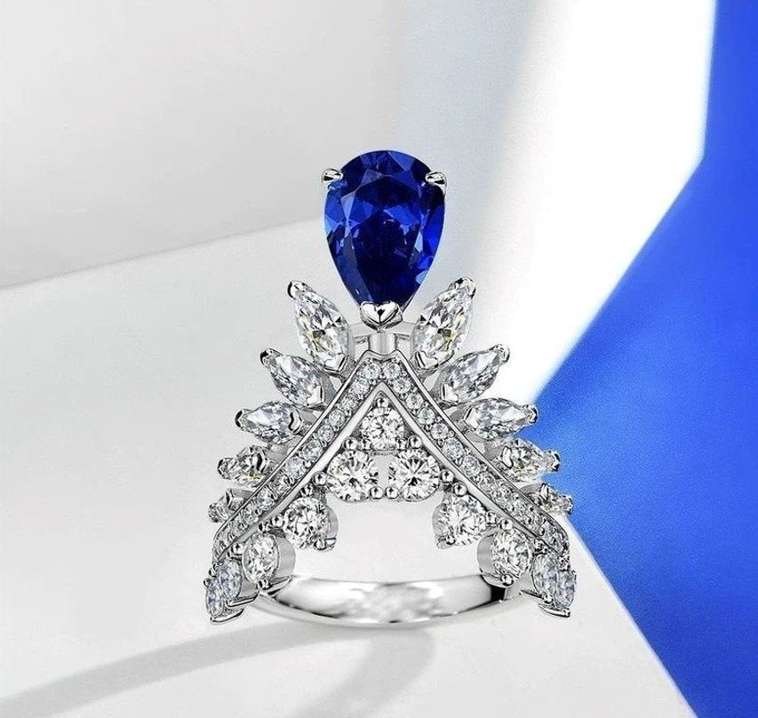 Blue Sapphire Pear Cut Crown Unique Silver Ring