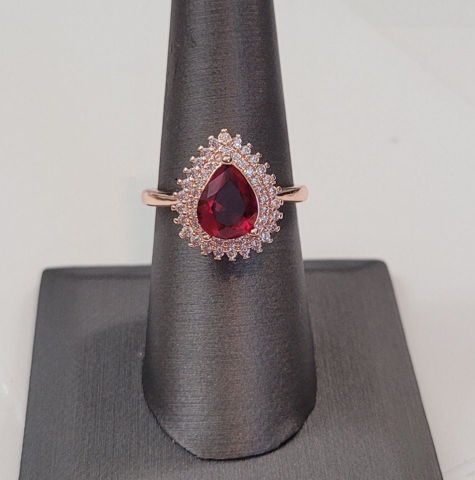 Sterling Silver Ruby Red Teardrop Rose Gold Plated Ring