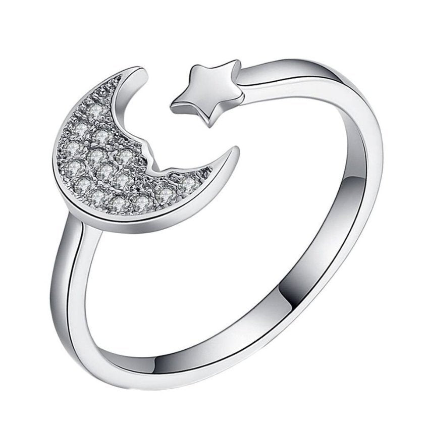 Sterling Silver Creative Personality Moon And Stars Open Ring