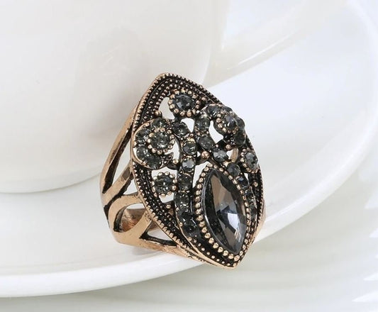 Vintage Geometric Boho Gray Hollow Ethnic Big Antique Gold Ring