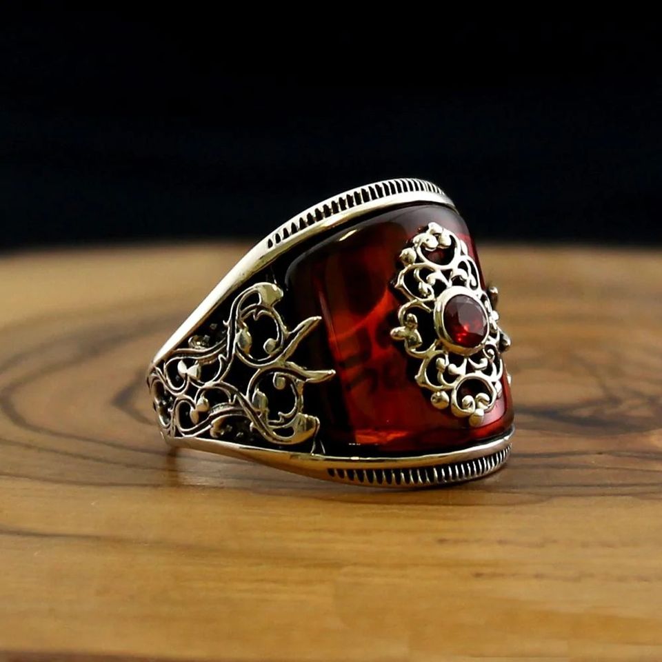 Men's Handmade Red Agate Stone Silver Ring