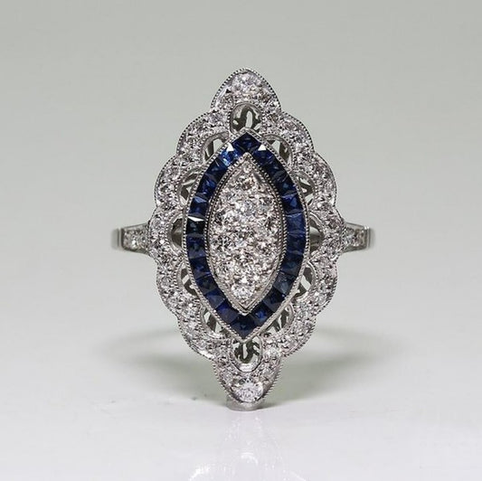 Vintage 2.35CT White Round Cut Gem & Blue Sapphire Silver Art Deco Ring