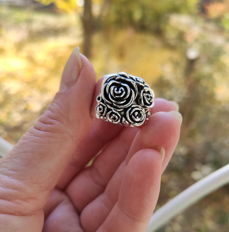 Huge S925 Silver Vintage Rose Flower Cocktail Ring