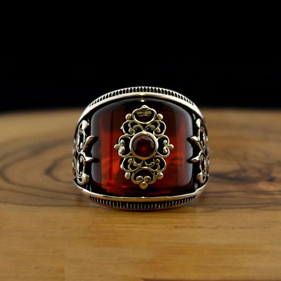 Men's Handmade Red Agate Stone Silver Ring