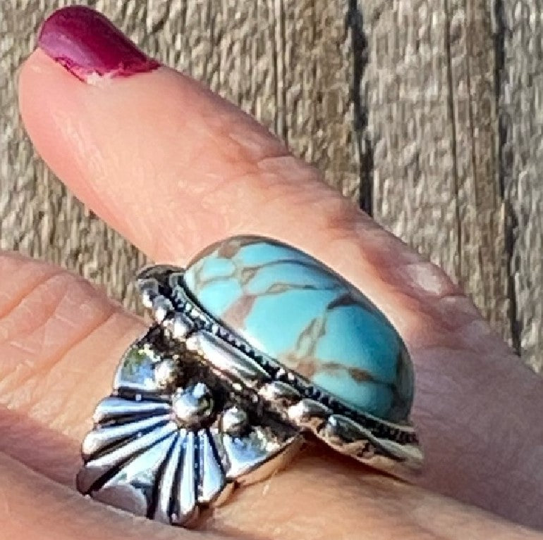 Vintage Natural Blue Turquoise Antique Silver Bohemian Ring