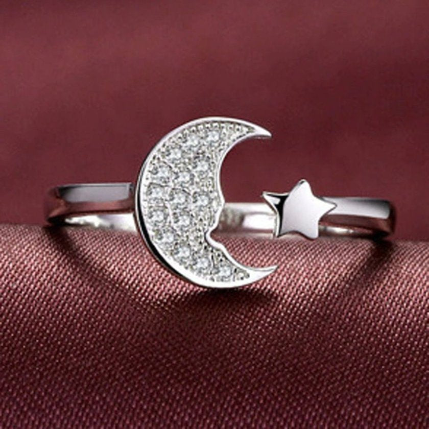 Sterling Silver Creative Personality Moon And Stars Open Ring