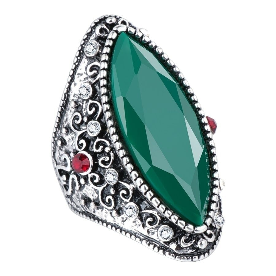 Vintage Turkish Big Textured Green Antique Silver Ring