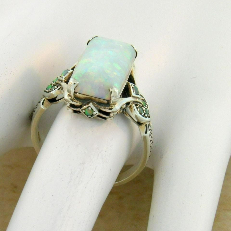Victorian Style Square White Fire Opal Silver Ring