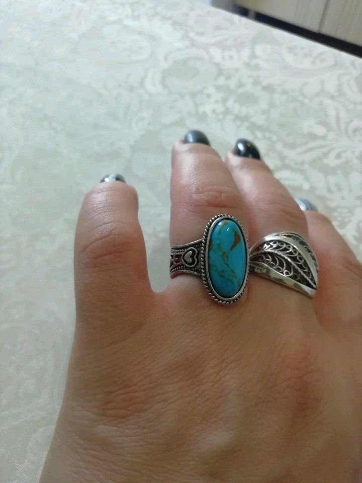 Vintage Bohemian Oval Blue Turquoise Heart Silver Retro Ring
