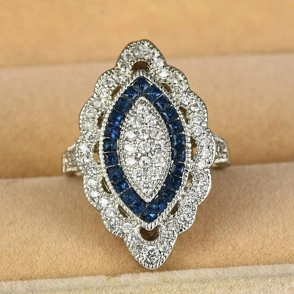 Vintage 2.35CT White Round Cut Gem & Blue Sapphire Silver Art Deco Ring