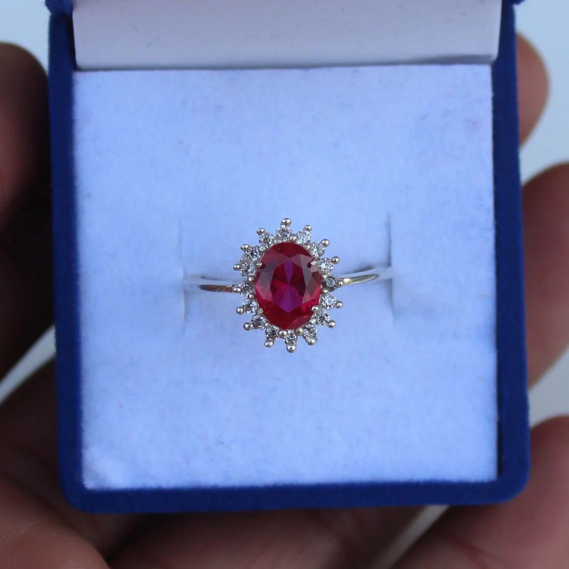 Sterling Silver Oval Ruby Red Flower Open Ring