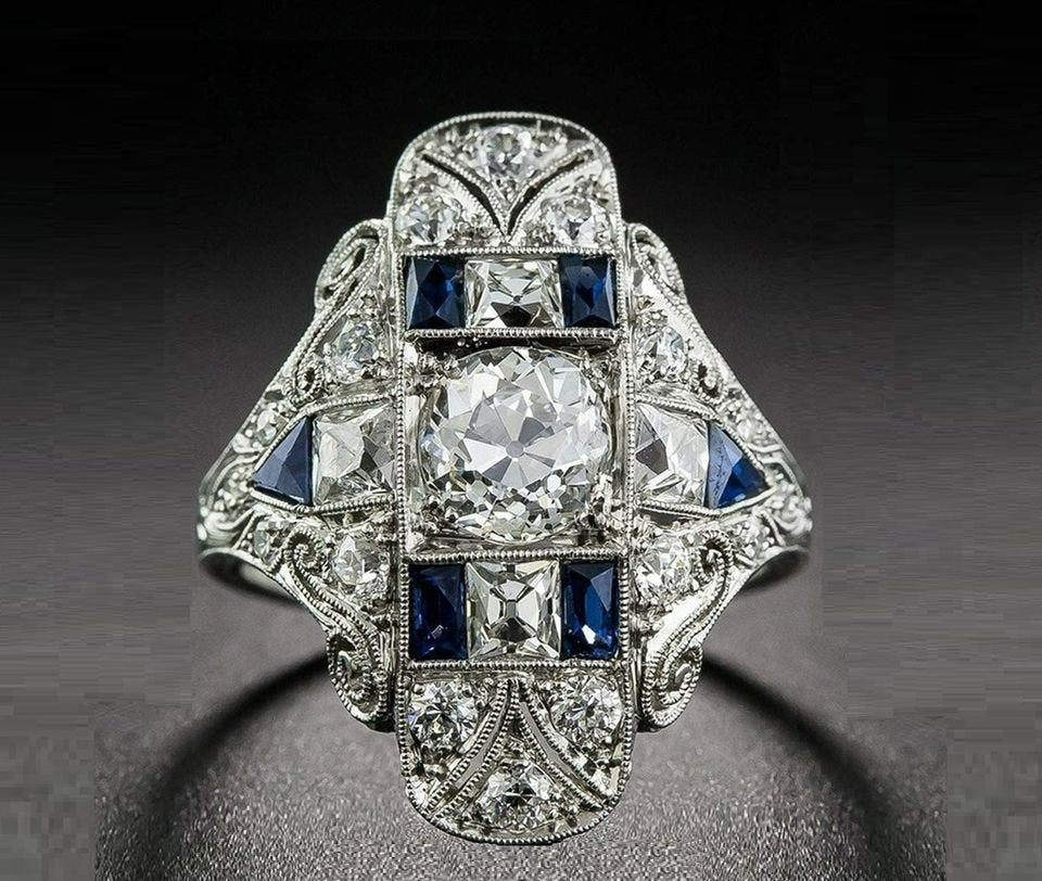 Vintage Sterling Silver Blue Sapphire Antique Art Deco Ring