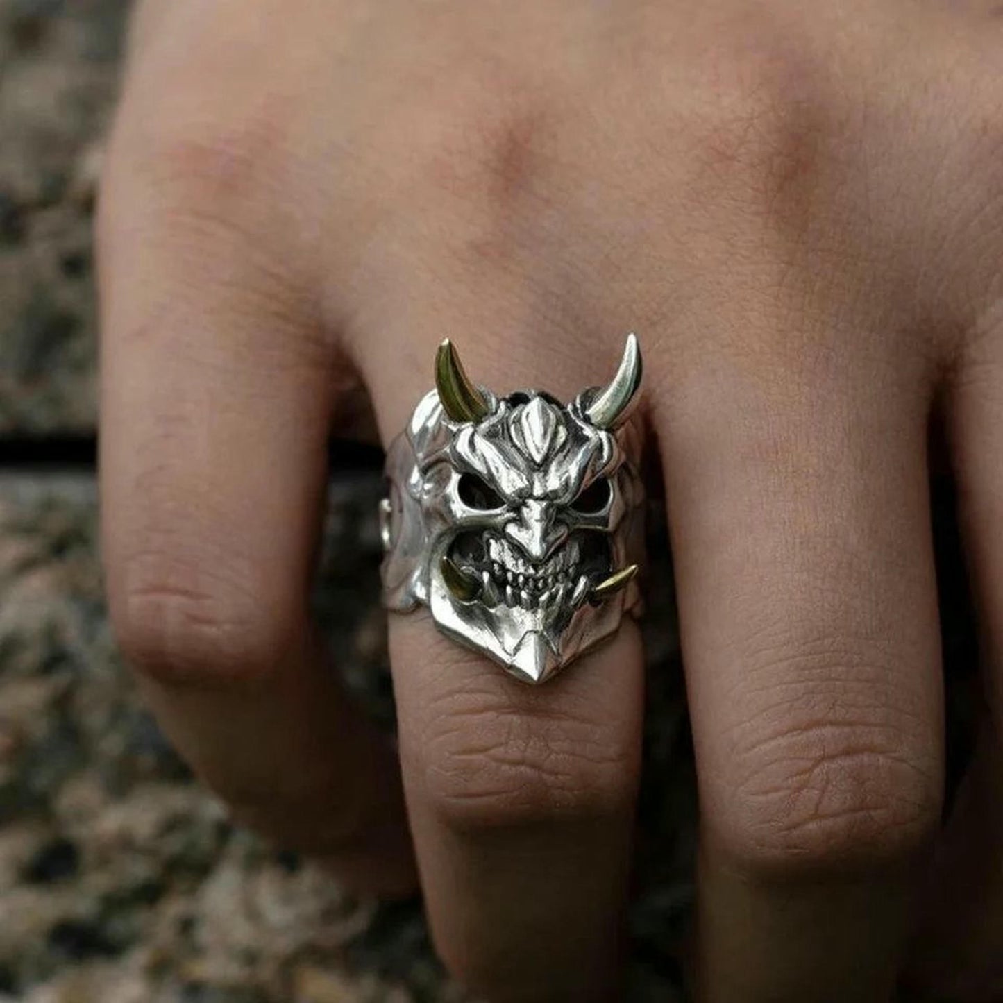 Gothic Demon Skull Ring for Men — Yokai Punk Biker Open Silver Ring