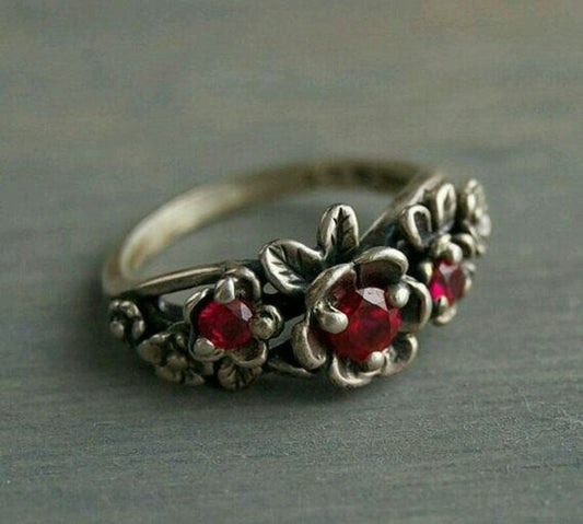 Vintage Old Red Rose Retro Antique Silver Ring