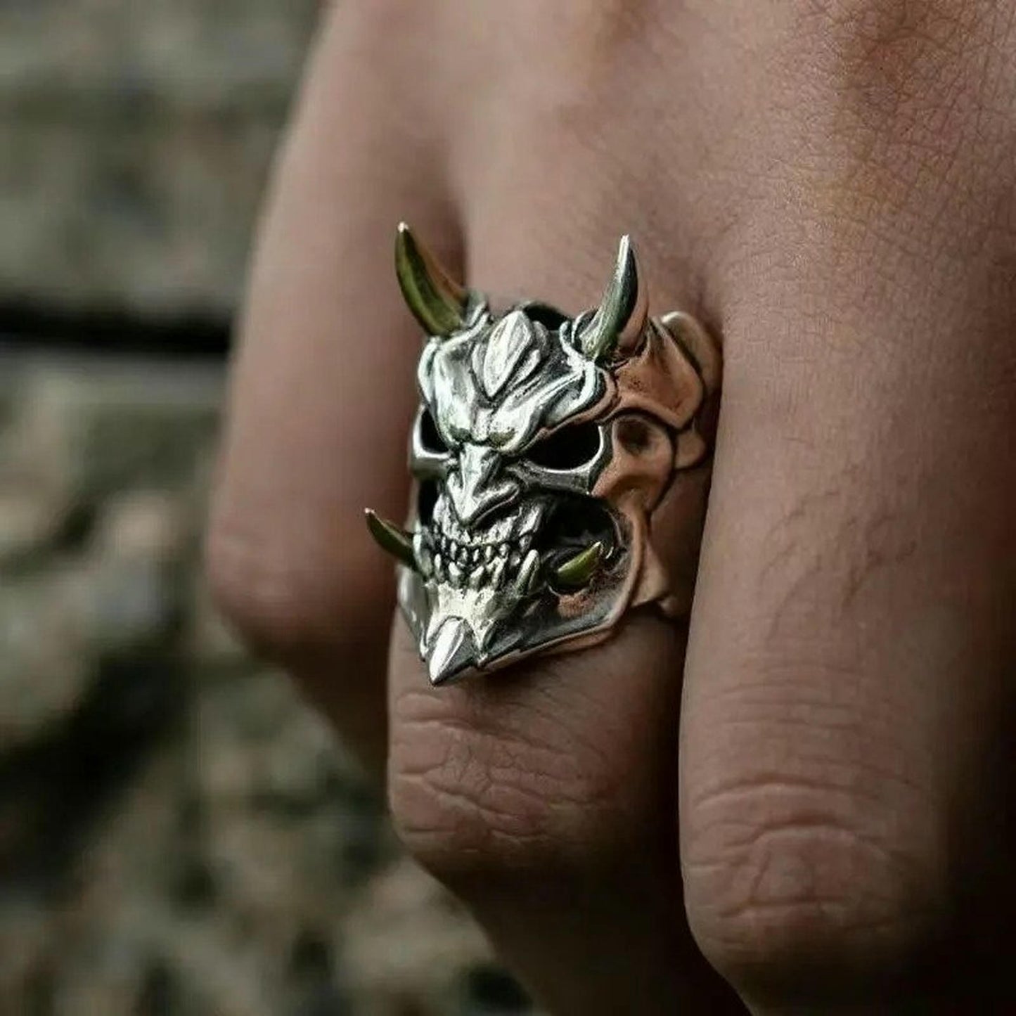 Gothic Demon Skull Ring for Men — Yokai Punk Biker Open Silver Ring