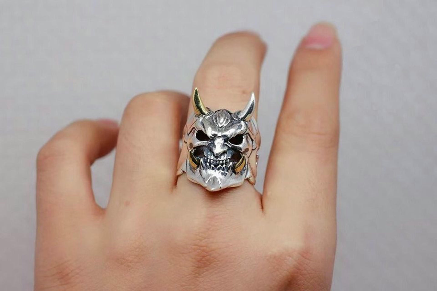 Gothic Demon Skull Ring for Men — Yokai Punk Biker Open Silver Ring