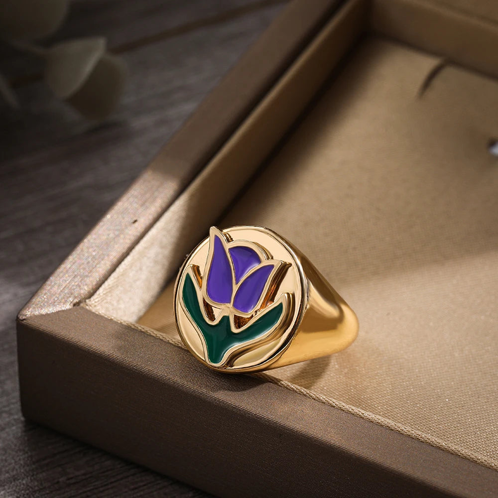 Colorful Dripping Oil Tai Chi Purple Tulip Gold Signet Ring