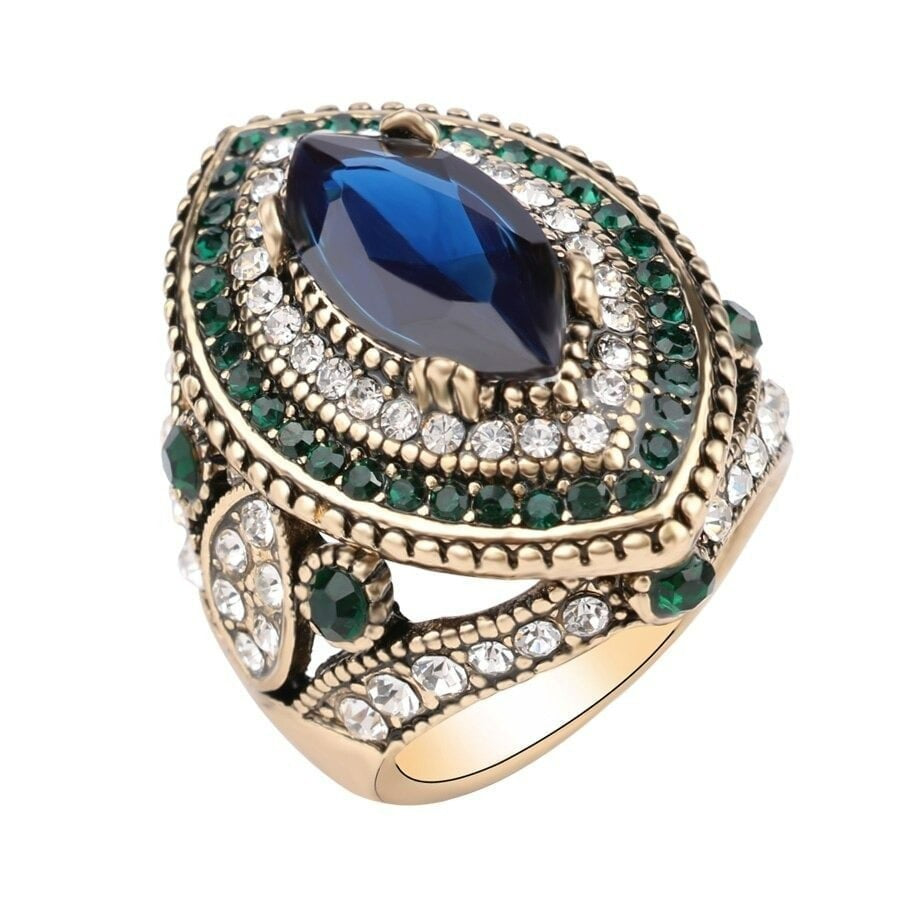 Vintage Bulgaria Blue Marquise Antique Gold Ethnic Ring