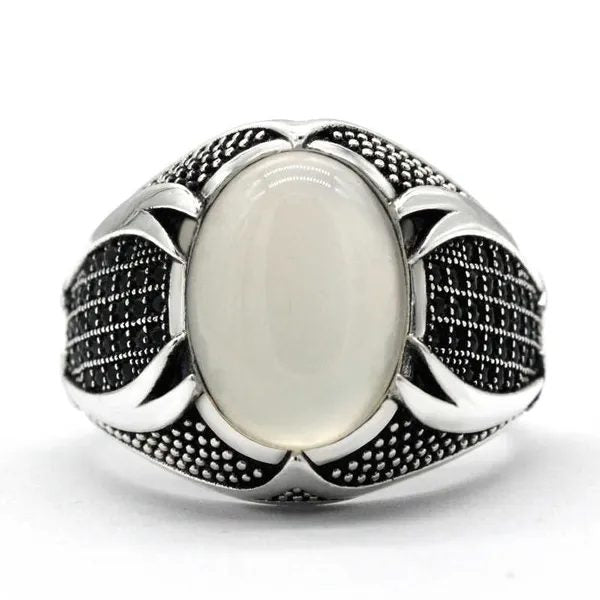 Men's Sterling Silver White Opal Black Crystal Geometry Ring
