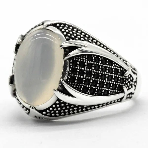 Men's Sterling Silver White Opal Black Crystal Geometry Ring