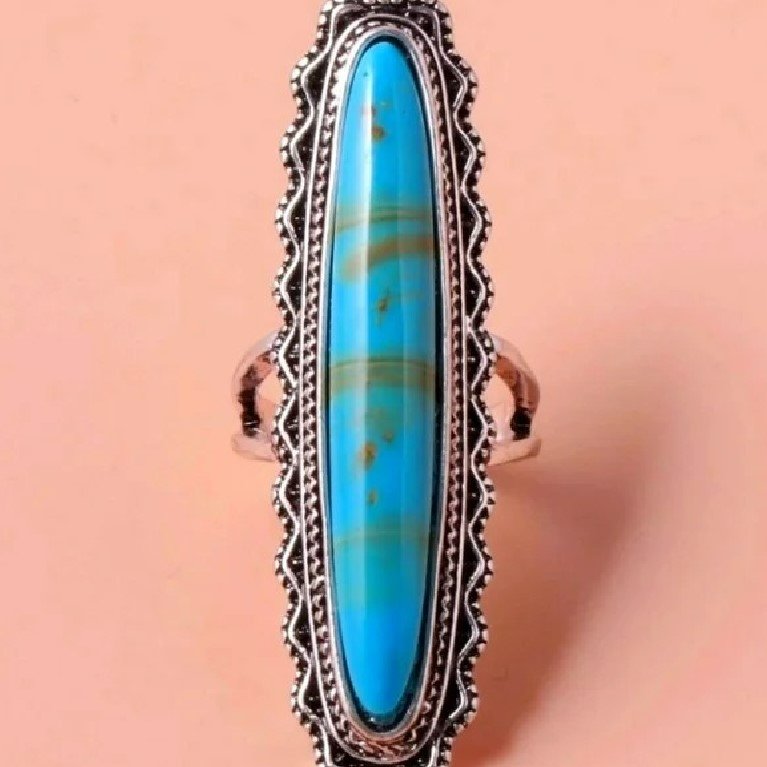 Long Vintage Blue Turquoise Antique Silver Ring