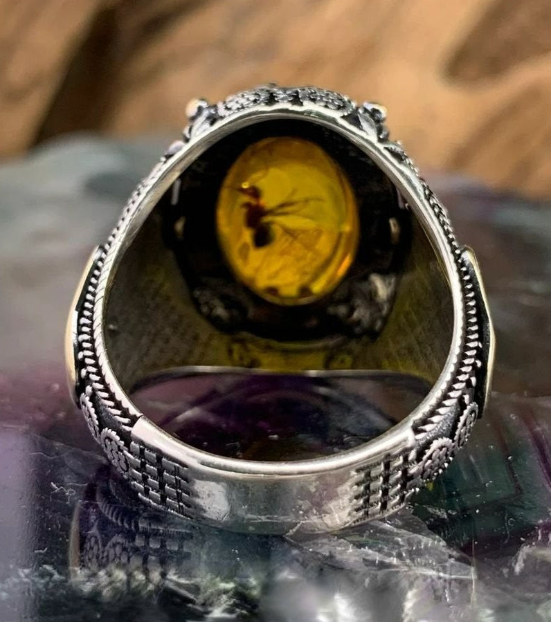 Men's Oval Gothic Crown Yellow Amber Ant Fossil Insect Two-Tone Ring