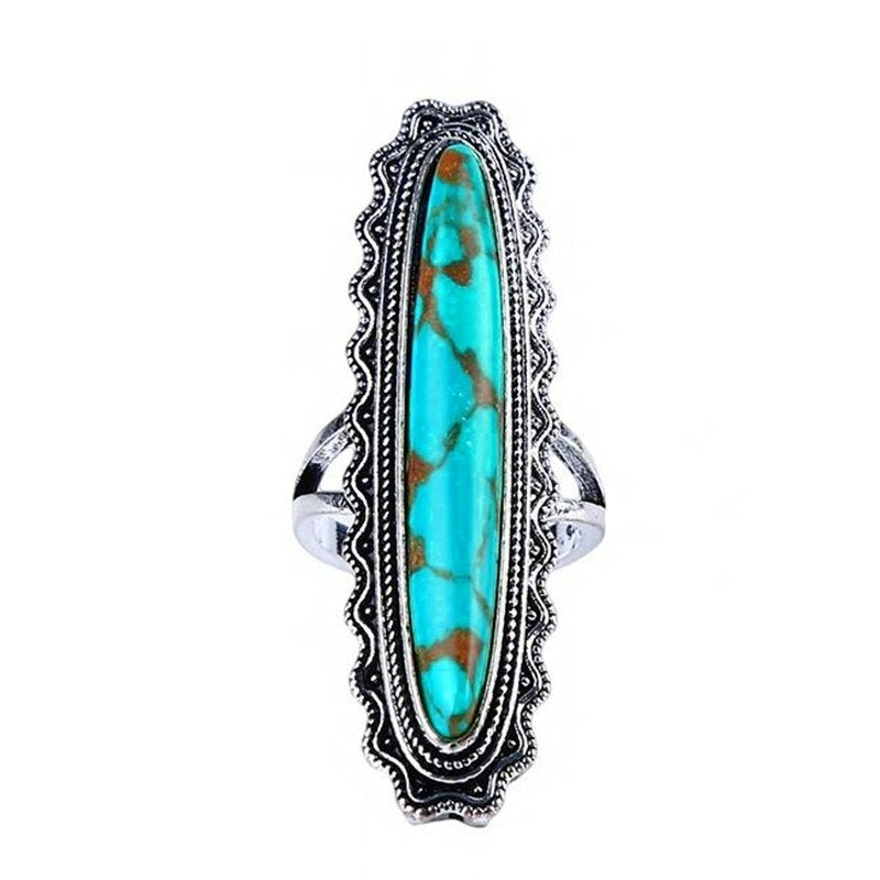 Long Vintage Blue Turquoise Antique Silver Ring